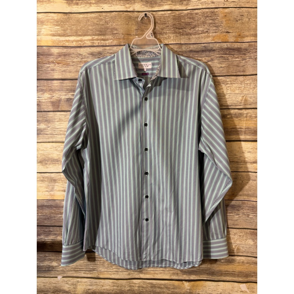 Lorenzo Uomo Mens Modern Fit Striped Button Down Shirt Blue Teal Purple L Large